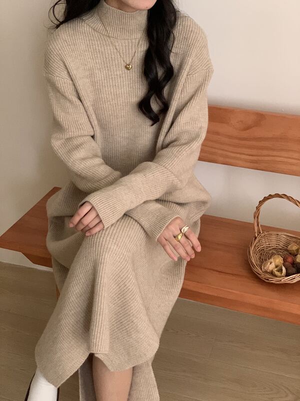韩系简约半高领针织连衣裙女士秋冬新款加厚宽松慵懒打底毛衣长裙|undefined