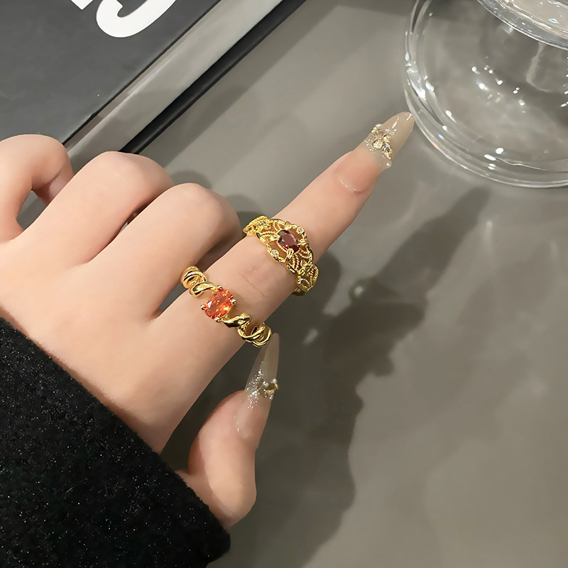 法式中古彩寶紅鑽緞帶繞纏開口戒指女小眾簡約精緻百搭可調節指環