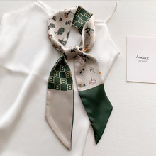2021韓國字母印花新款絲巾女仿真絲發帶裝飾薄領巾細窄長條綁包帶