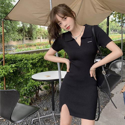 Summer New Slim Fit Collar Dress Women Pure Desire Skirt Hot Girl Slit Knit Bustier Short Skirt