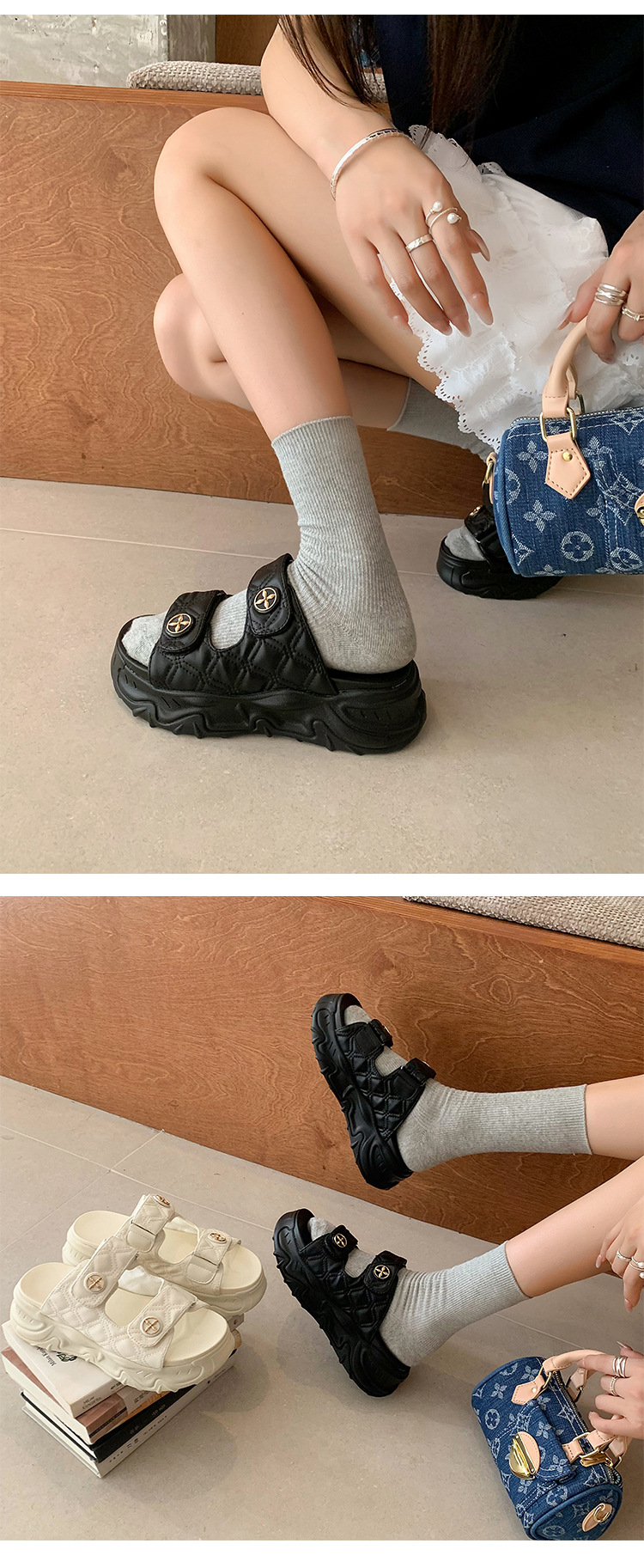 Sandal hở mũi nữ phong cách Xiaoxiang đế bánh xốp tăng chiều cao mùa hè 2025 — Màu đen, Màu trắng be chi tiết 13