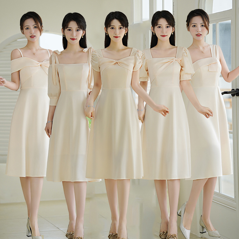 Champagne-Colored Bridesmaid Dresses, Sister Dresses, Mid-Length Satin Gowns for Bridesmaids, New Long-Sleeve Dresses for Women for Prom and Weddings