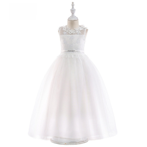 2024 New Kids' Evening Gown, Backless Design — Children's Long Formal Dress, Flower Girl Wedding Gown, Girls' Elegant Lace Maxi Skirt with Floral Details