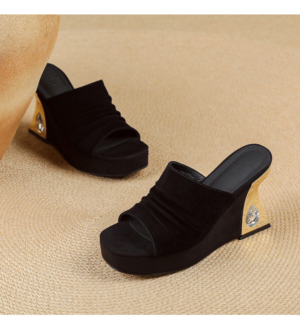 Sandal peep toe nữ gót vuông da lộn mũi vuông đế xuồng cao 5 cm — màu đen, màu mơ chi tiết 16