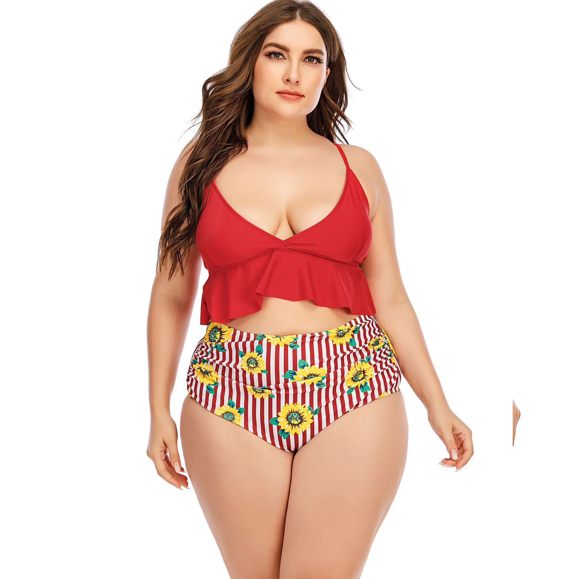 Conjunto de dos piezas de bikini con volantes cruzados y cintura alta con estampado de tallas grandes NSJHD124955