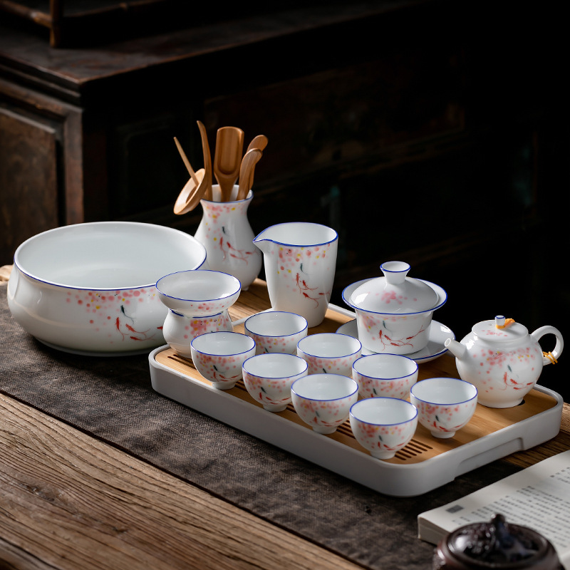 Juego de té de Kung Fu de cerámica de estilo japonés traje de hogar pintado a mano porcelana blanca sancai Tazón de cubierta taza de té tetera