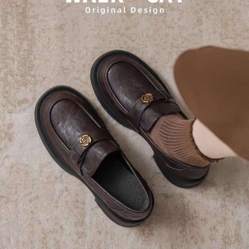 Soft Leather Thick-Soled Loafers for Women 2025 Spring and Autumn New Style Brown Commuter Slip-On Shoes Versatile Small Leather Shoes for Women Soft Leather Thick-Soled Loafers for Women 2025 Spring and Autumn New Style Brown Commuter Slip-On Shoes Versatile Small Leather Shoes for Women