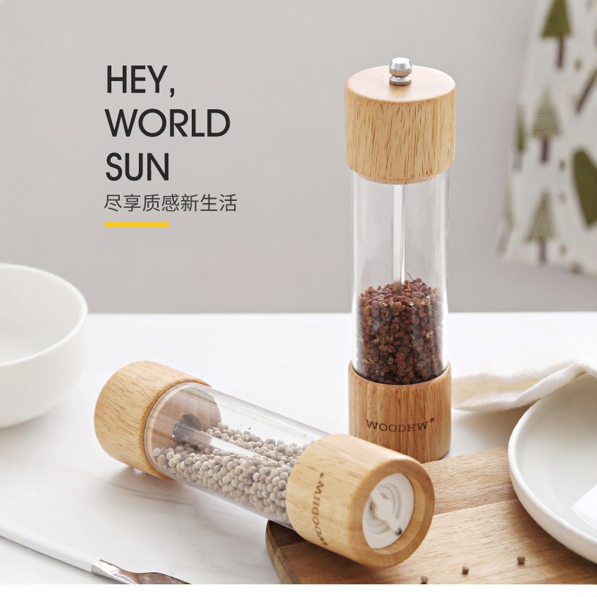 Molinillo de granos de pimienta negra doméstico manual de madera sólida contenedor de polvo de pimienta botella de condimentar botella de molino de sal marina de vidrio