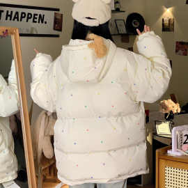 韩系学院风百搭连帽羽绒服彩色波点冬季防寒保暖加厚休闲显瘦外套