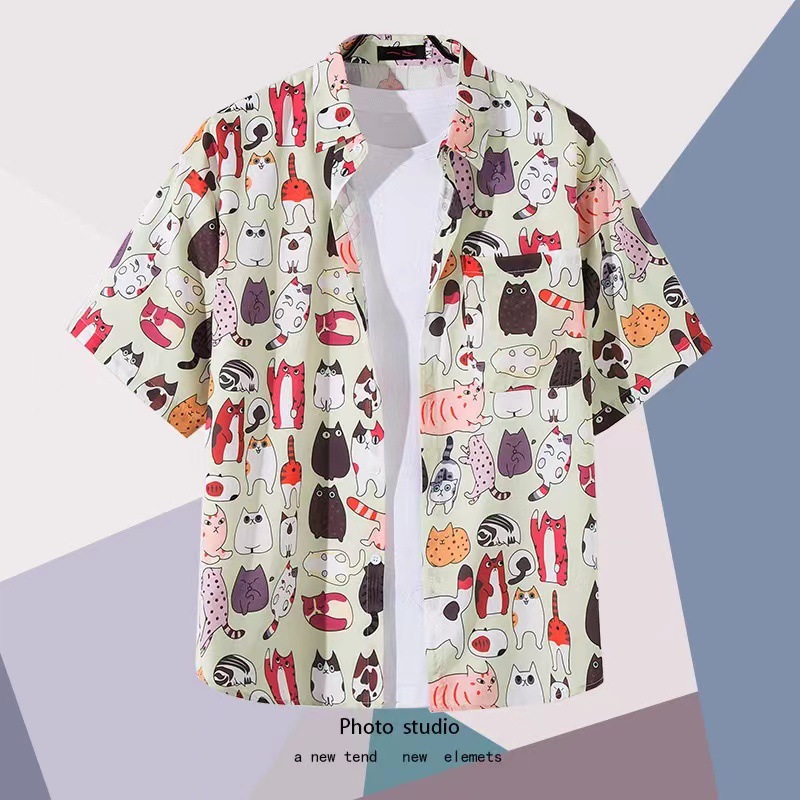 Summer Beach floral hombres y mujeres camisa delgada ins moda hawaiana transfronteriza suelta tie-dyed manga corta pareja camisa