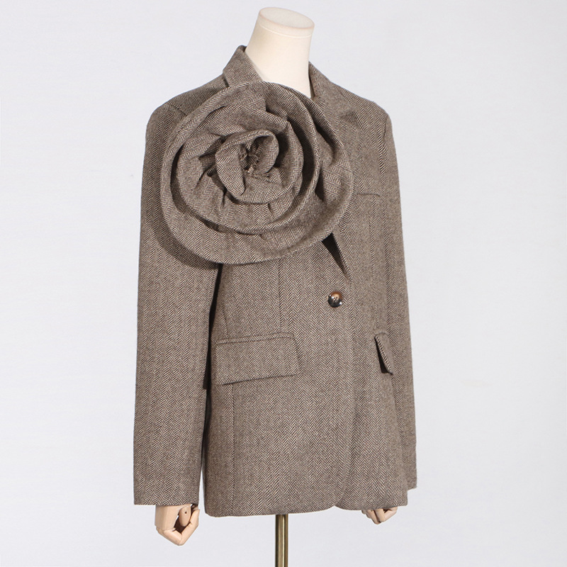 Women's Clothing Spring New Artistic Retro Three dimensional Flower Loose Design One button Solid Color Suit Jacket for Women_voghion.com