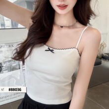 春夏新款撞色波纹美背吊带女带胸垫性感蝴蝶结百搭一字围吊带背心