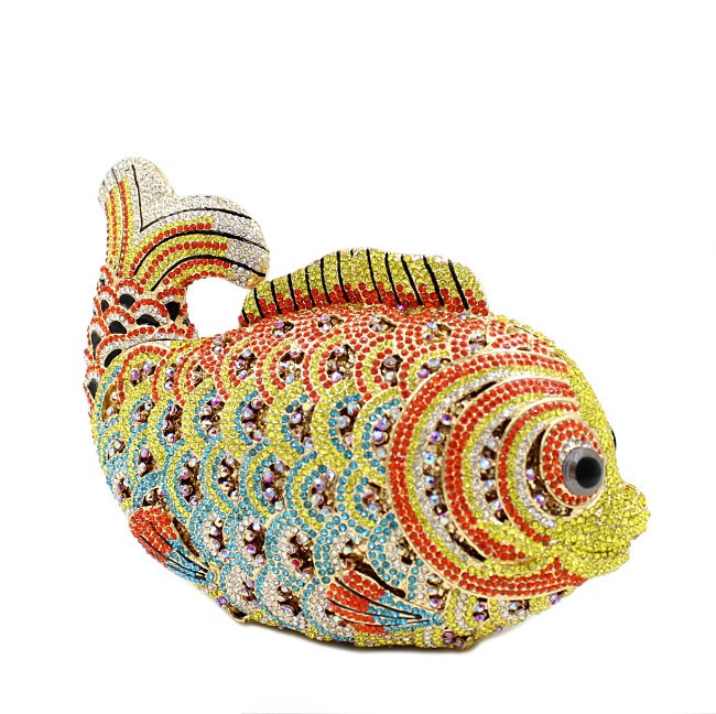 BL028 bolsas de diamante de peces dorados, bolsas de cena de cristal metálicas, bolsas de mano de diamantes, bolsas de mano de mujer amarillas