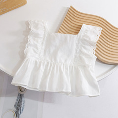 2023夏季新品女童無袖花邊襯衣飛袖荷葉邊背心上衣女寶純棉娃娃衫