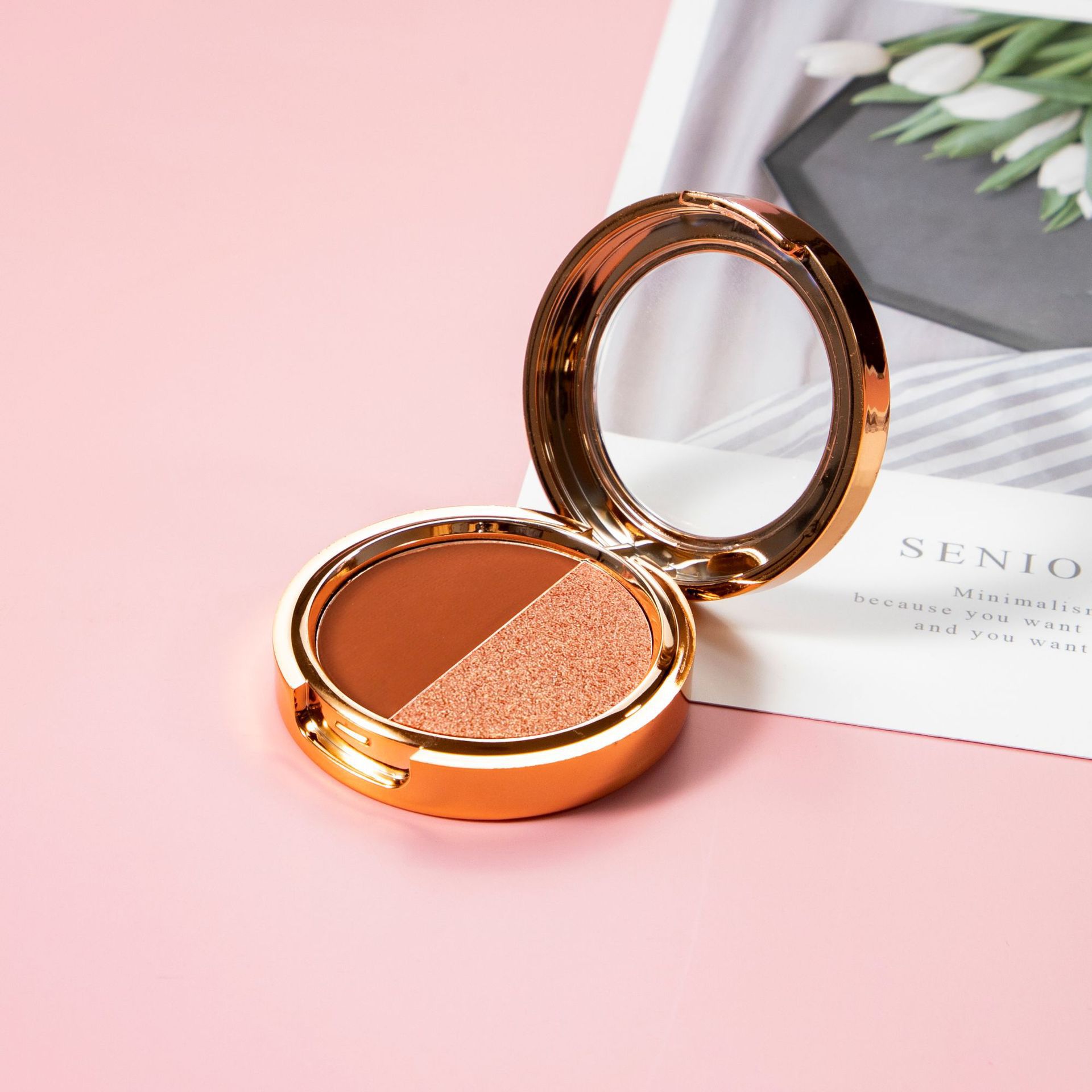 Maquillaje transfronterizo, sombra de ojos de dos colores, combinación de acabado nacarado en uno, paleta de sombras de ojos en polvo delicada y no voladora, multiusos