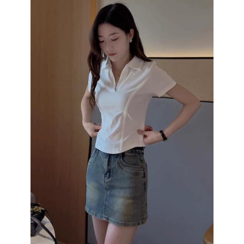 Sweet and Cool Polo Collar Short-Sleeved T-Shirt for Women Summer Fishbone Design Slim Right Shoulder Top Small Pure Cotton T-Shirt