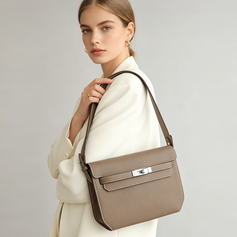 Artisan Lin Cowhide Kelly Bag Underarm Bag for Women, High-End Brown Messenger Bag, Retro Commuter Shoulder Crossbody Bag