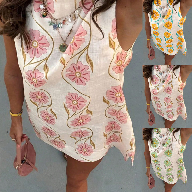 Amazon Cross-border European and American Women's 2025 Summer New Casual Pink Flower Crewneck Sleeveless Vest dress