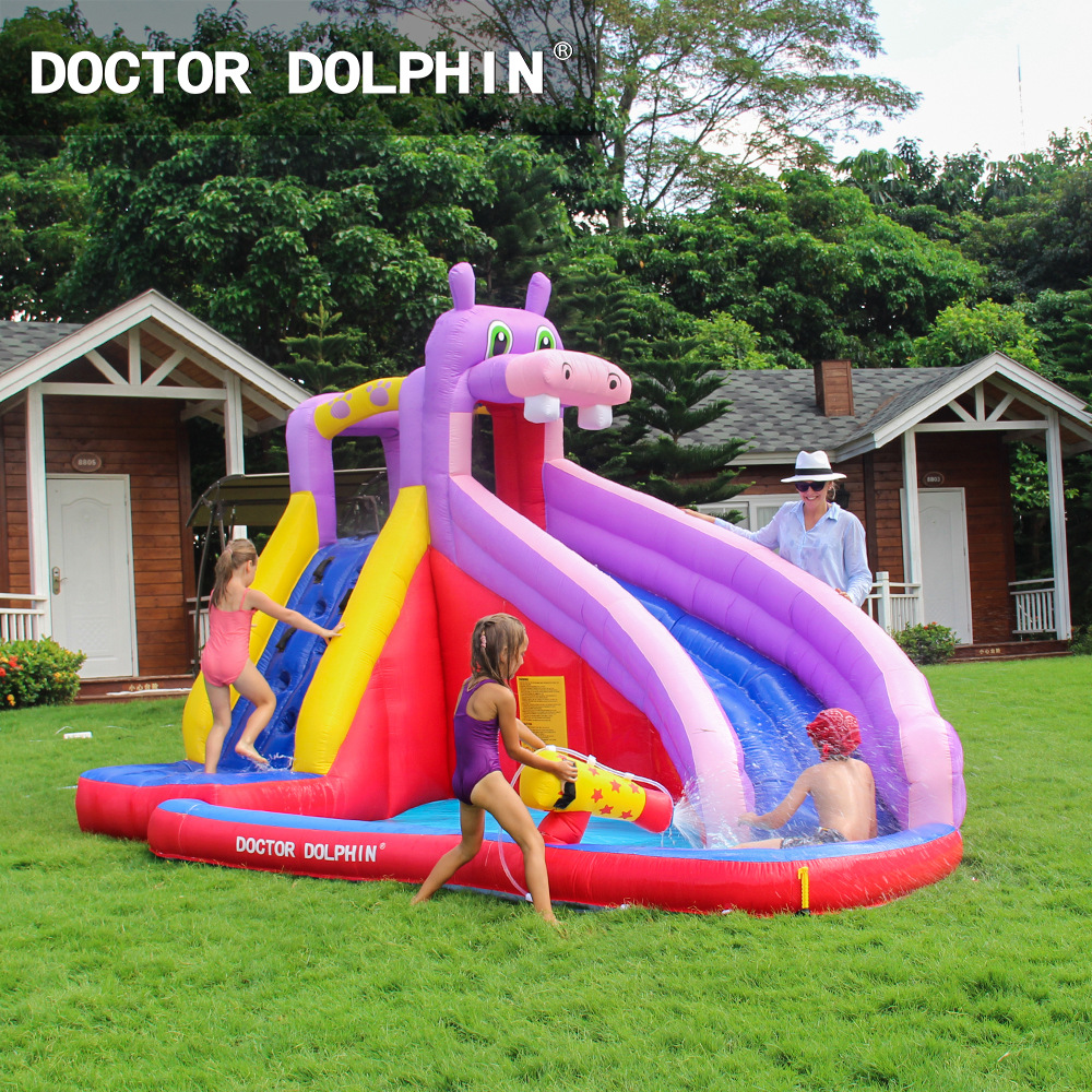 Castillo inflable infantil para interiores Doctor Dolphin con tobogán de agua, modelo de hipopótamo pequeño, castillo de juegos acuáticos para el hogar, inflable y antideslizante.