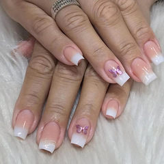 Elegant Gradient White Line Nail Art with Purple Aurora & Butterfly Design—Stylish, Wearable Fake Nails in European and Instagram-Favorite Style