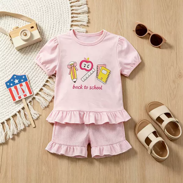 2026 New Summer Back-To-School Season Set for Girls, Pink Stationery Print Short-Sleeved Wrinkled Shorts Two-Piece Set
