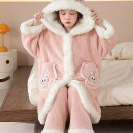 儿童睡衣女童秋冬季加绒加厚珊瑚绒2025新款女孩法兰绒睡袍家居服