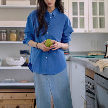 克莱因蓝燕尾领精梳棉衬衫女春夏法式百搭通勤简约上衣女立体装饰