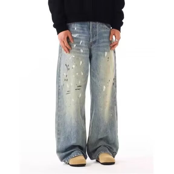Men's Clothing Men's Retro Trendy Ink Splatter Wash Distressed Loose Straight Leg Wide Leg Jeans Versatile Casual Commuting Pants_mkmklike.com
