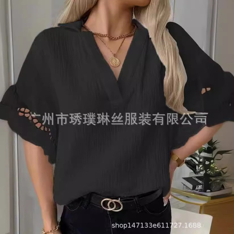 2023 Amazon independent station Foreign Trade European and American new summer lace trim V-neck short sleeve casual shirt