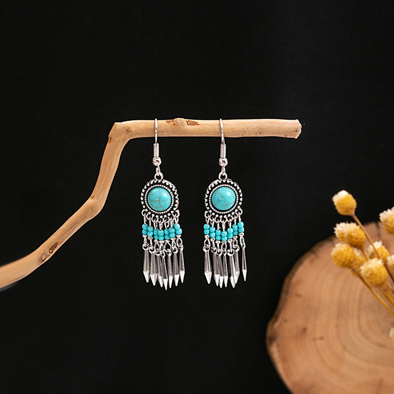 1 Pair Casual Retro Geometric Beaded Alloy Turquoise Drop Earrings display picture 15