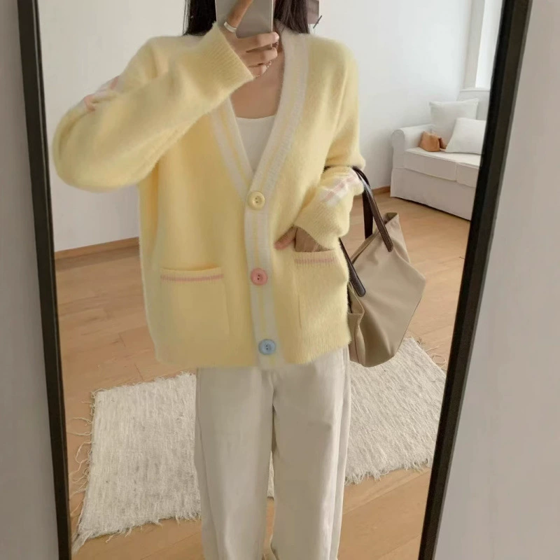 KANING сладкий и нежный вязаный кардиган с цветными блоками, новинка 202, осенний женский свободный свитер в ленивом стиле, куртка