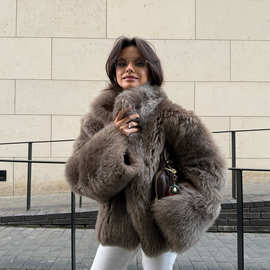 宽松仿皮草外套2025冬季欧美跨境翻领时尚休闲保暖外套中长款女装