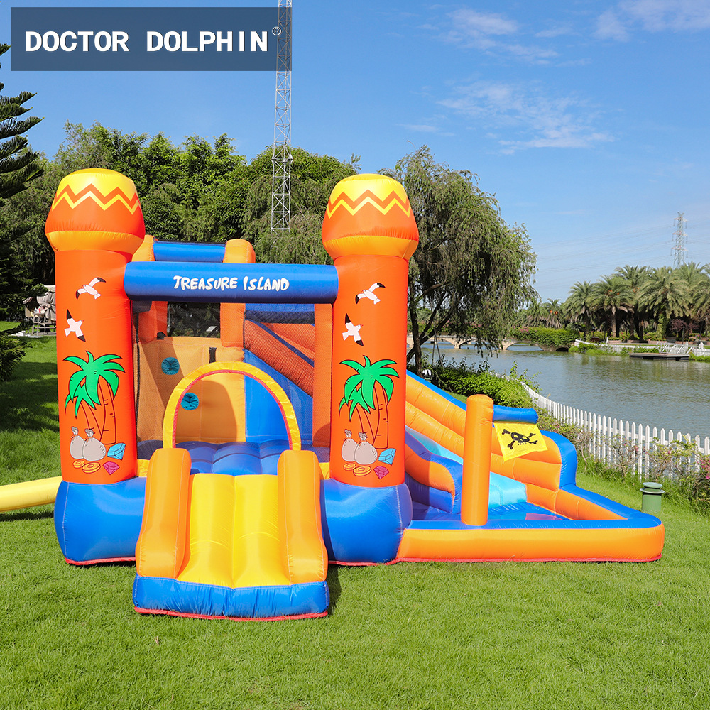 Castillo inflable para niños Doctor Dolphin para uso doméstico, área de juegos para fiestas pequeñas y medianas, trampolín inflable interior antideslizante y tobogán combinados.