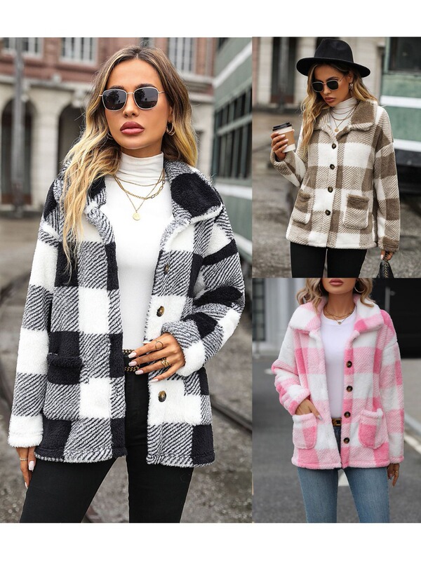 Flash velvet European and American fashion autumn and winter women's lapel long sleeve mid-length Plaid single-breasted double-sided velvet casual coat Flash velvet European and American fashion autumn and winter women's lapel long sleeve mid-length Plaid single-breasted double-sided velvet casual coat
