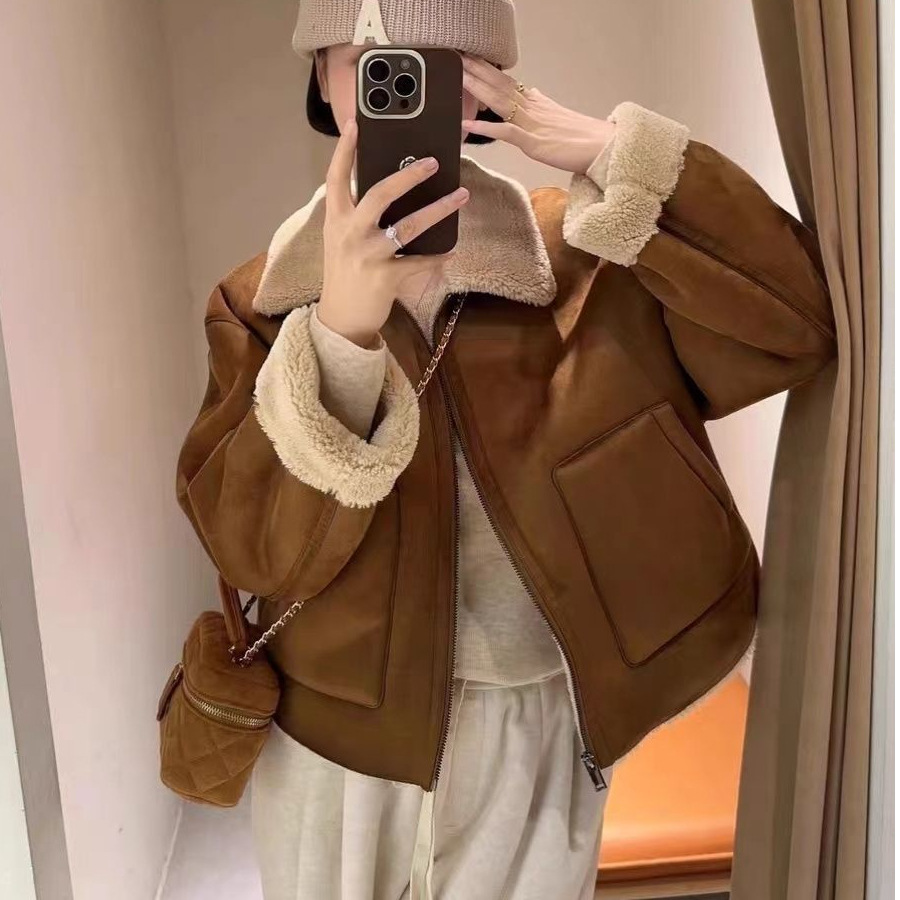 New European-Style High-End Shearling Lamb Wool Coat for Women, Autumn and Winter Thickened Turn-Down Collar Biker Jacket Top