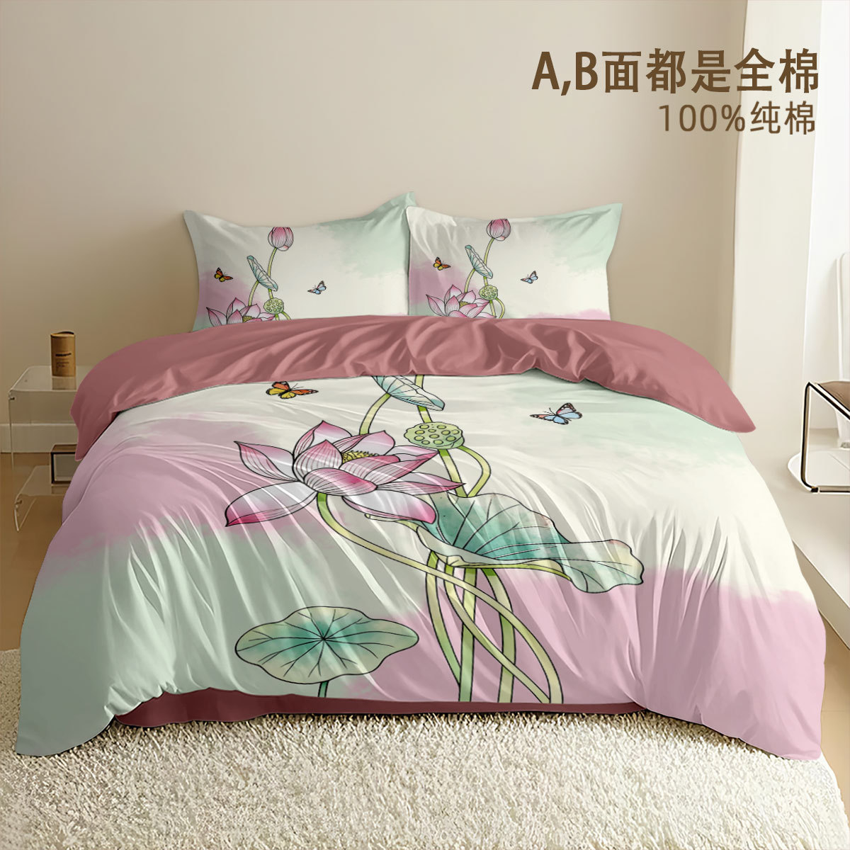 Guofeng algodón sábanas de almohada de impresión de loto sábanas caseras sábanas de algodón doble sábanas de cama de tres piezas image 7