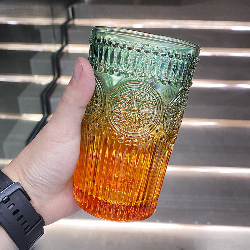 复古浮雕太阳花玻璃杯女高颜值网红ins水杯彩色家用杯子酒杯繁星