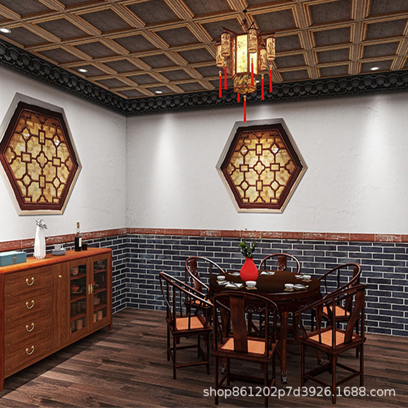 3D中式古典砖墙屋檐建筑背景墙纸火锅店餐厅壁纸茶室饭店包厢壁画