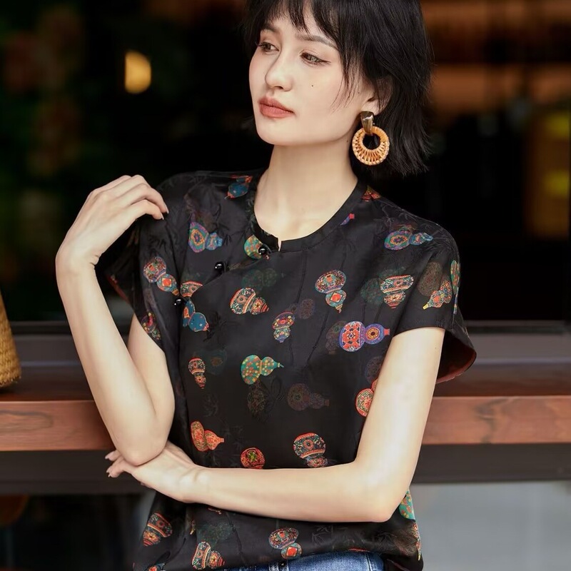 宝葫藏珍东方丝韵葫芦印花国风上衣女夏季新款新中式斜襟盘扣衬衫|undefined