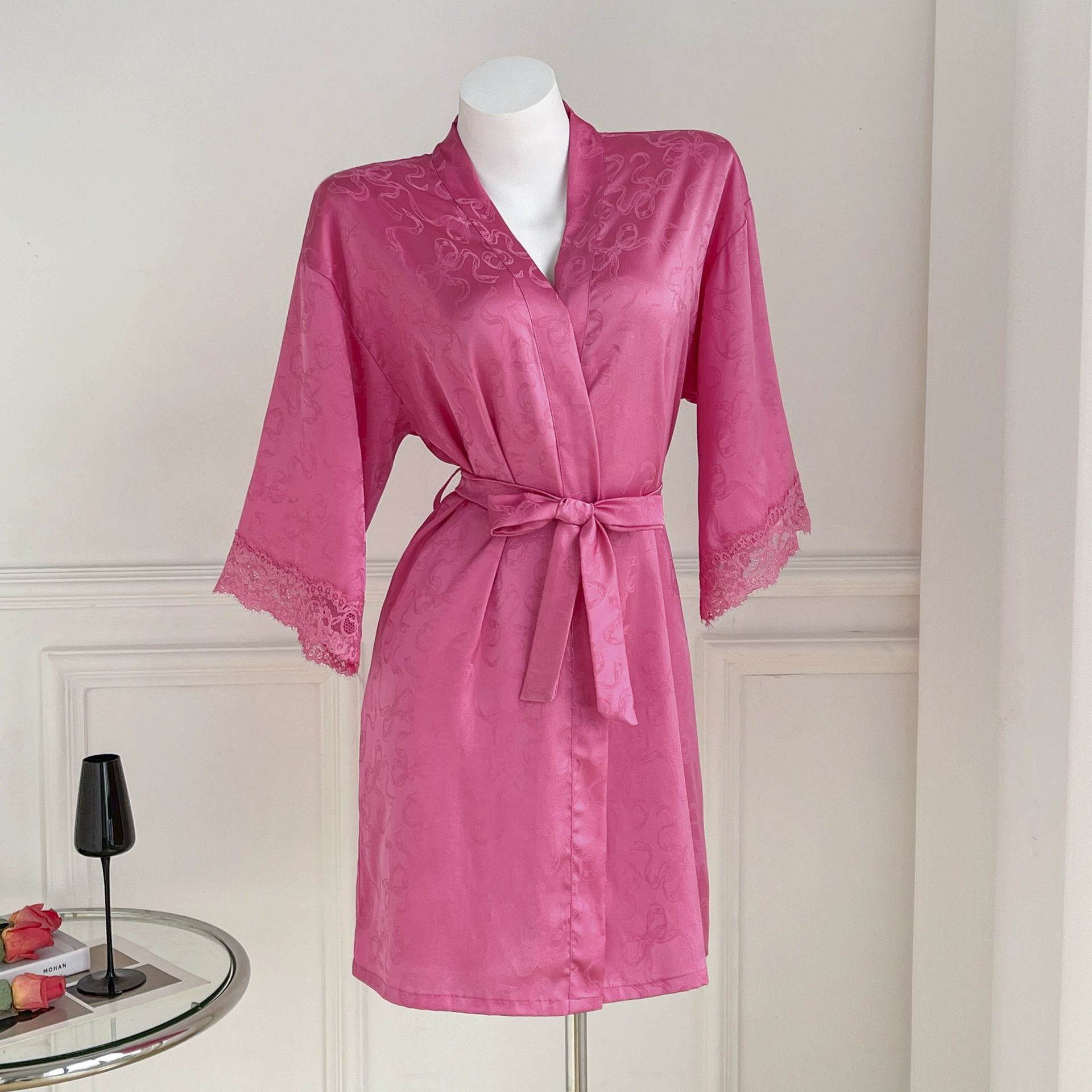 Ночной халат женский весенний летний продвинутый жаккардовый лунный атласный халат с длинными рукавами тонкий сексуальный кружевной домашний костюм пижама