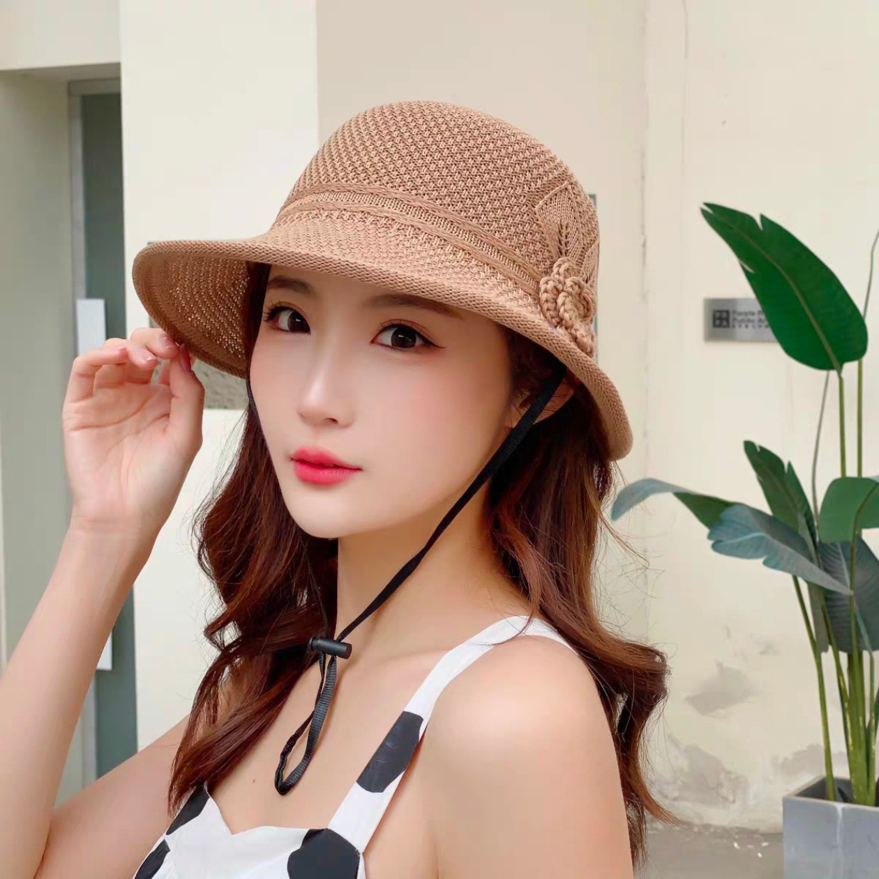 夏季新款女士漁夫帽純色花朵透氣防曬遮陽帽時尚旅遊太陽媽媽盆帽