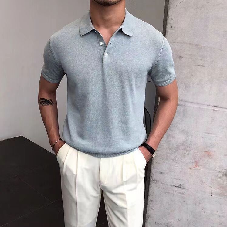 Summer Thin Men's Slim Casual Knitted Polo Shirt Korean Style Cotton Fashion Simple T-Shirt Short-Sleeved Trendy Men
