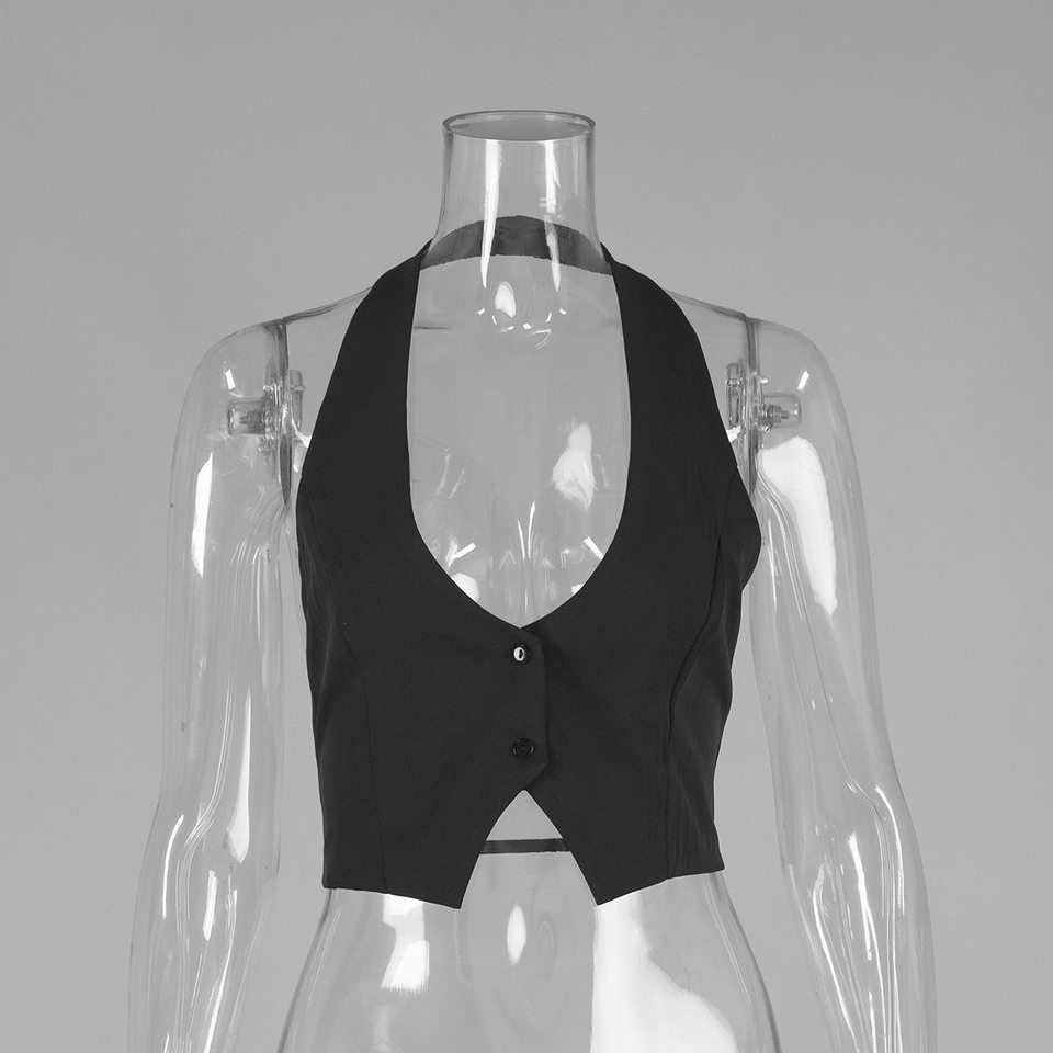 Áo vest nữ cổ V đeo cổ hở lưng dáng ngắn gợi cảm — Màu cà phê, Màu trắng, Màu đen chi tiết 9