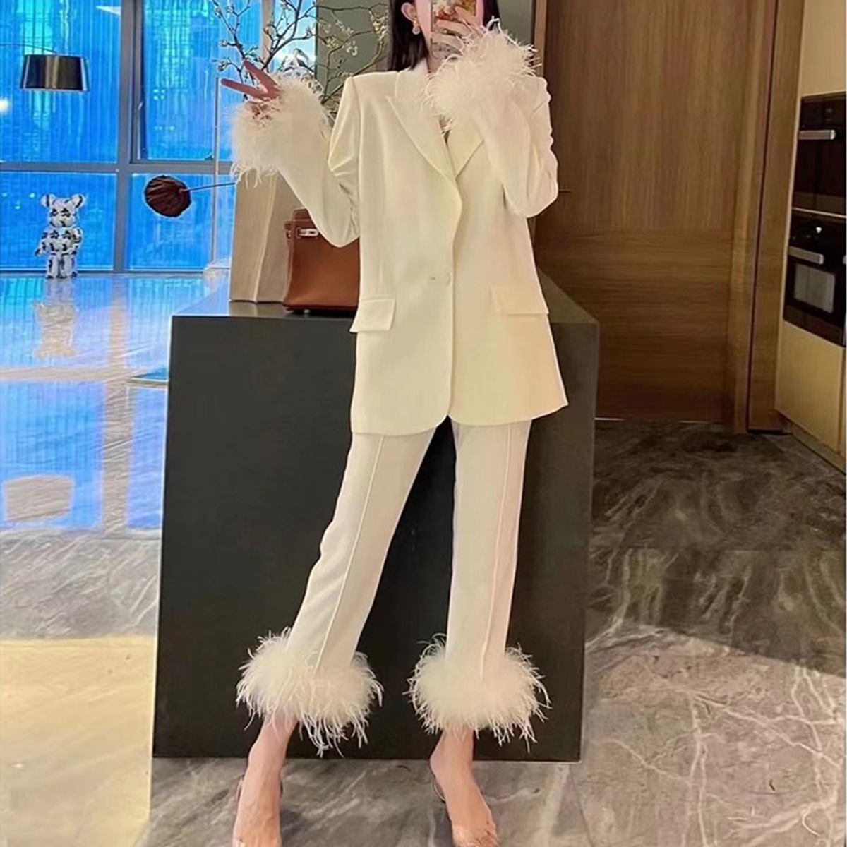 2370 In-stock Spring Autumn New European And American Internet Celebrity Style Ostrich Feather Two-piece Set Elegant_ecoleips.com