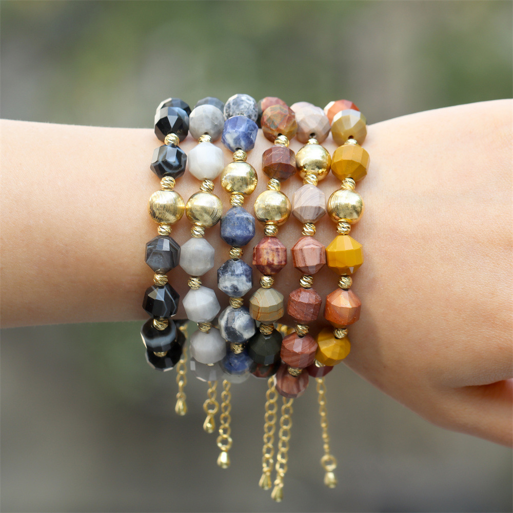 Fashion Geometric Faceted Beaded Blue Stone Copper Gold-plated Bead Bracelet display picture 7