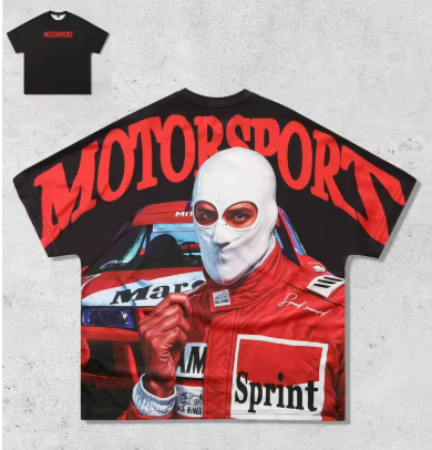 メンズレーシングカーTシャツ、レターとラウンドネックのショートジャージ、SuéterY2Kモデル、アウトドアサマーTシャツ|undefined