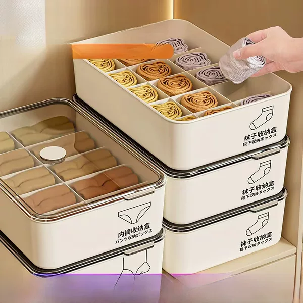 Underwear and Pantyhose Storage Box, Intimate Clothing Storage Plastic Multi-Functional Dust-Proof Home Dormitory Three-In-One Storage