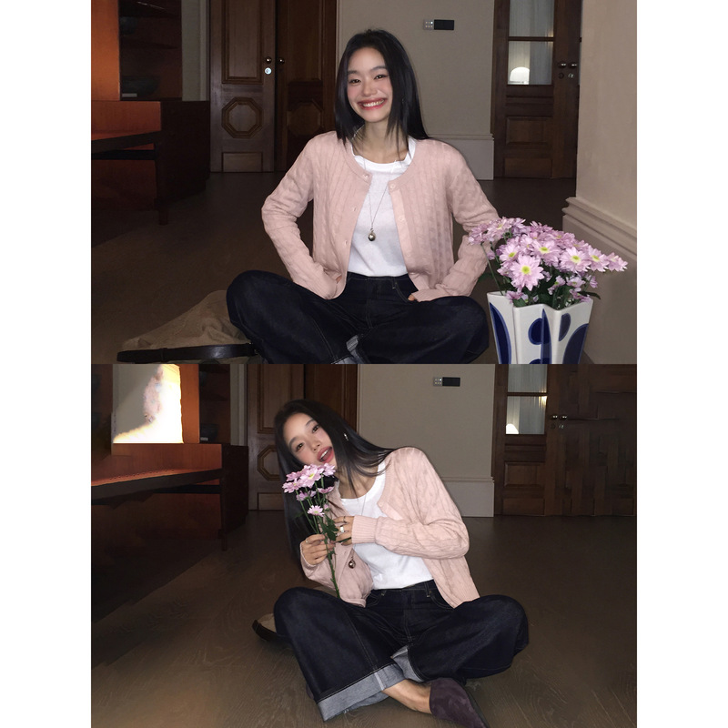 pusumede 秋日布蕾 经典麻花毛衣开衫女针织小众设计感外套上衣|undefined