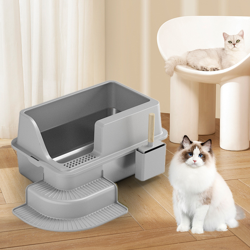 新型半閉鎖大サイズステンレス猫砂盆腐食防止増厚ペダルペット猫ステンレス猫トイレ|undefined