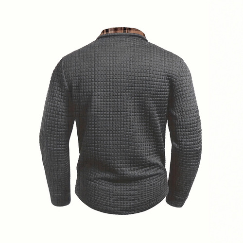 Spring and autumn new style European and American men's casual solid color plaid parquet pocket lapel long-sleeved sports polo shirt men